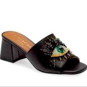KURT GEIGER LONDON black OLIVE Embellished Eye Block Heel mule Sandals size